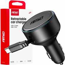 Autolaadija Amio AMIO-04368, USB-C, C tüüpi, 12-24 V, 60 W, väljatõmmatava kaabliga