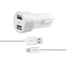 Autolaadija Budi, 2 x USB, LED indikaatoriga, koos Lightning kaabliga