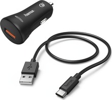 Autolaadija Hama 00183231, USB Type-C, QC 3.0, 3 A, must