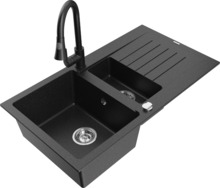 Graniidist köögivalamu Mexen Matias 6502-73-670101-7, 90 x 50.5 x 20 cm, must/hõbe, segisti ja sifooniga