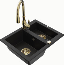 Graniidist köögivalamu Mexen Carlos 6518-77-672601-50, 58.2 x 47.5 x 17.7 cm, must/kuldne, koos segisti ja sifooniga