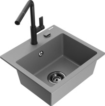 Graniidist köögivalamu Mexen Milo 6505-71-670401-70-B, 43.5 x 41 x 17.1 cm, hall/must, segisti ja sifooniga