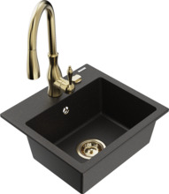 Graniidist köögivalamu Mexen Milo 6505-75-672601-50, 43 x 41 x 17 cm, must/kuldne metallic, segisti ja sifooniga