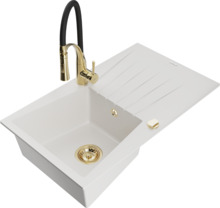 Graniidist köögivalamu Mexen Cesar 6514-20-73450-57-G, 77.5 x 47 x 20 cm, valge/must/kuldne, segisti ja sifooniga