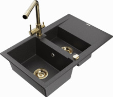 Graniidist köögivalamu Mexen Gaspar 6507-76-671600-50, 73 x 47 x 17.7 cm, must granite/gold, segisti ja sifooniga
