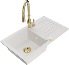 Graniidist köögivalamu Mexen Pablo 6510-20-672601-50, 75.2 x 43.6 x 16.1 cm, valge/gold, koos segisti ja sifooniga