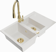 Graniidist köögivalamu Mexen Gaspar 6507-20-672601-50, 73 x 47 x 17.7 cm, valge/kuldne, segisti ja sifooniga
