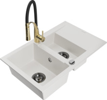 Graniidist köögivalamu Mexen Gaspar 6507-20-73450-57-B, 73 x 47 x 17.7 cm, valge/must/kuldne, segisti ja sifooniga