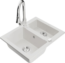 Graniidist köögivalamu Mexen Carlos 6518-20-670101-00, 58.2 x 47.5 x 17.7 cm, valge/chrome, segisti ja sifooniga