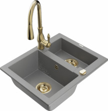 Graniidist köögivalamu Mexen Carlos 6518-71-672601-50, 58.2 x 47.5 x 17.7 cm, hall/gold, koos segisti ja sifooniga