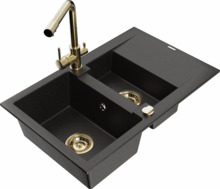 Graniidist köögivalamu Mexen Gaspar 6507-75-671600-50, 47.5 x 73.7 x 17.7 cm, must/kuldne, koos segisti ja sifooniga