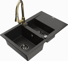 Graniidist köögivalamu Mexen Gaspar 6507-75-670101-50-B, 73.7 x 47.5 x 17.7 cm, must/kuldne, segisti ja sifooniga
