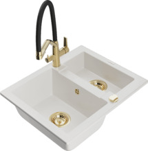 Graniidist köögivalamu Mexen Carlos 6518-20-671701-57-G, 58.2 x 47.5 x 17.7 cm, valge/must/kuldne, segisti ja sifooniga