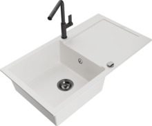 Graniidist köögivalamu Mexen Leo 6501-20-670401-70-B, 90 x 50 x 19 cm, valge/must, koos segisti ja sifooniga