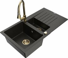 Graniidist köögivalamu Mexen Matias 6502-75-670101-50, 90 x 50.5 x 20 cm, metallic must/kuldne, segisti ja sifooniga