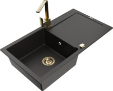Graniidist köögivalamu Mexen Leo 6501-75-670300-50, 90 x 50 x 19 cm, must/kuldne metallic, koos segisti ja sifooniga
