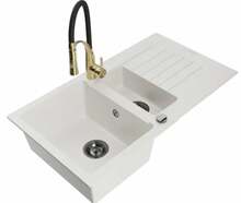 Graniidist köögivalamu Mexen Matias 6502-20-73450-57-B, 90 x 50.5 x 20 cm, valge/must/kuldne, koos segisti ja sifooniga