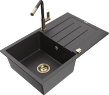 Graniidist köögivalamu Mexen Bruno 6513-76-670401-75-G, 79 x 49 x 20 cm, black granite/gold, koos segisti ja sifooniga