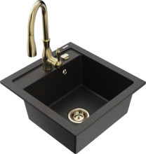 Graniidist köögivalamu Mexen Vito 6503-75-672601-50, 52 x 49 x 21 cm, must/kuldne metallic, segisti ja sifooniga