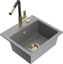 Graniidist köögivalamu Mexen Milo 6505-71-670401-57-G, 43.5 x 41 x 17.1 cm, hall/must/kuldne, koos segisti ja sifooniga