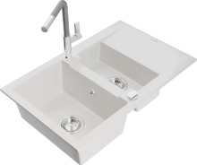 Graniidist köögivalamu Mexen Gaspar 6507-20-670401-06, 73.7 x 47.5 x 17.7 cm, valge/hall, koos segisti ja sifooniga