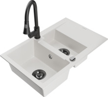 Graniidist köögivalamu Mexen Gaspar 6507-20-670101-70, 73 x 47 x 17.7 cm, valge/must, segisti ja sifooniga