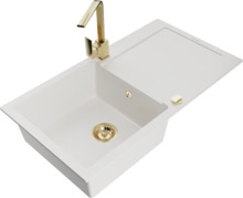 Graniidist köögivalamu Mexen Leo 6501-20-670300-50, 90 x 50 x 19 cm, valge/gold, koos segisti ja sifooniga
