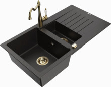 Graniidist köögivalamu Mexen Matias 6502-75-670700-50, 90 x 50.5 x 20 cm, metallic must/kuldne, segisti ja sifooniga