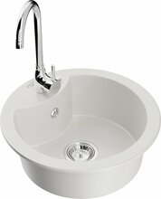 Graniidist köögivalamu Mexen Diego 6512-20-670200-00, 48.8 x 48.8 x 16.7 cm, valge/kroom, koos segisti ja sifooniga