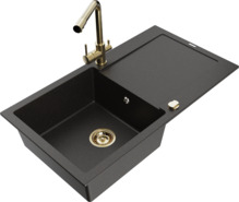Graniidist köögivalamu Mexen Leo 6501-75-671600-50, 90 x 50 x 19 cm, must/kuldne metallic, koos segisti ja sifooniga