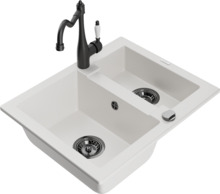 Graniidist köögivalamu Mexen Carlos 6518-20-670700-70, 58 x 47 x 17.7 cm, valge/must, segisti ja sifooniga