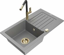 Graniidist köögivalamu Mexen Pablo 6510-71-670401-57-G, 75.2 x 43.6 x 16.1 cm, hall/must/gold, segisti ja sifooniga