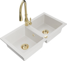 Graniidist köögivalamu Mexen Mario 6504-20-672601-50, 82 x 43.6 x 16.1 cm, valge/gold, koos segisti ja sifooniga