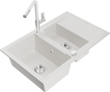 Graniidist köögivalamu Mexen Gaspar 6507-20-670401-02, 73 x 47 x 17.7 cm, valge, koos segisti ja sifooniga