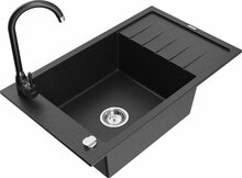 Graniidist köögivalamu Mexen Elias 6511-73-670200-70, 79 x 48 x 20 cm, must/hõbe, segisti ja sifooniga