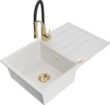 Graniidist köögivalamu Mexen Bruno 6513-20-73450-57-G, 79 x 49 x 20 cm, valge/must/kuldne, segisti ja sifooniga