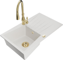 Graniidist köögivalamu Mexen Cesar 6514-20-672601-50, 77.5 x 47 x 20 cm, valge/gold, segisti ja sifooniga