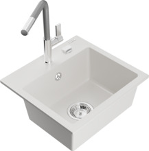 Graniidist köögivalamu Mexen Milo 6505-20-670401-06, 43.5 x 41 x 17.1 cm, valge/hall/kroom, segisti ja sifooniga