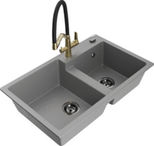 Graniidist köögivalamu Mexen Tomas 6516-71-671701-57-B, 80 x 50 x 19 cm, hall/must/kuldne, segisti ja sifooniga