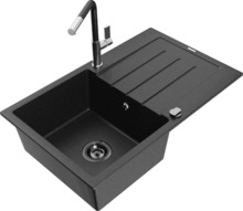 Graniidist köögivalamu Mexen Bruno 6513-73-670401-07, 79 x 49 x 20 cm, metallic must/hõbe, koos segisti ja sifooniga