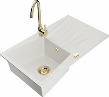 Graniidist köögivalamu Mexen Cesar 6514-20-670200-50, 77.5 x 47 x 18 cm, valge/kuldne, koos segisti ja sifooniga