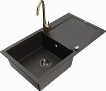 Graniidist köögivalamu Mexen Leo 6501-75-670200-50-B, 90 x 50 x 19 cm, must/kuldne metallic, koos segisti ja sifooniga