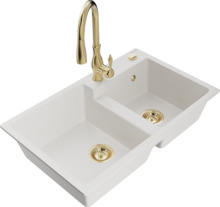 Graniidist köögivalamu Mexen Tomas 6516-20-672601-50, 80 x 50 x 19 cm, valge/kuldne, segisti ja sifooniga