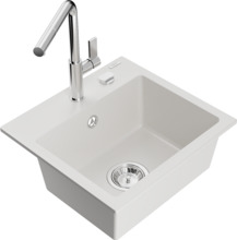 Graniidist köögivalamu Mexen Milo 6505-20-670401-00, 43.5 x 41 x 17.1 cm, valge/kroom, koos segisti ja sifooniga