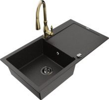 Graniidist köögivalamu Mexen Leo 6501-75-672601-50-B, 90 x 50 x 19 cm, must/kuldne metallic, koos segisti ja sifooniga