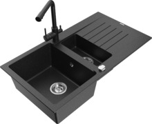 Graniidist köögivalamu Mexen Matias 6502-73-671600-7, 90 x 50.5 x 20 cm, must/hõbe, segisti ja sifooniga