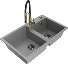 Graniidist köögivalamu Mexen Tomas 6516-71-73450-57-B, 80 x 50 x 19 cm, hall/must/kuldne, segisti ja sifooniga
