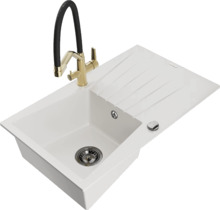 Graniidist köögivalamu Mexen Cesar 6514-20-671701-57-B, 77.5 x 47 x 20 cm, valge/kuldne/must, koos segisti ja sifooniga