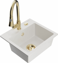 Graniidist köögivalamu Mexen Milo 6505-20-670101-50, 43.5 x 41 x 17.1 cm, valge/kuldne, segisti ja sifooniga