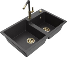 Graniidist köögivalamu Mexen Tomas 6516-76-670401-75-G, 80 x 50 x 19 cm, must/kuldne, koos segisti ja sifooniga